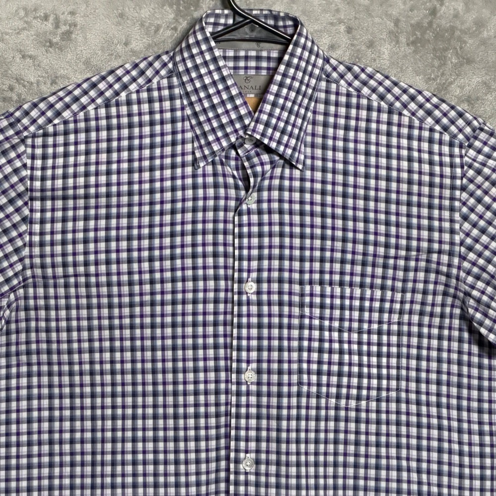 Canali Shirt Mens Medium Purple White Plaid Long Sleeve Preppy Made in Italy